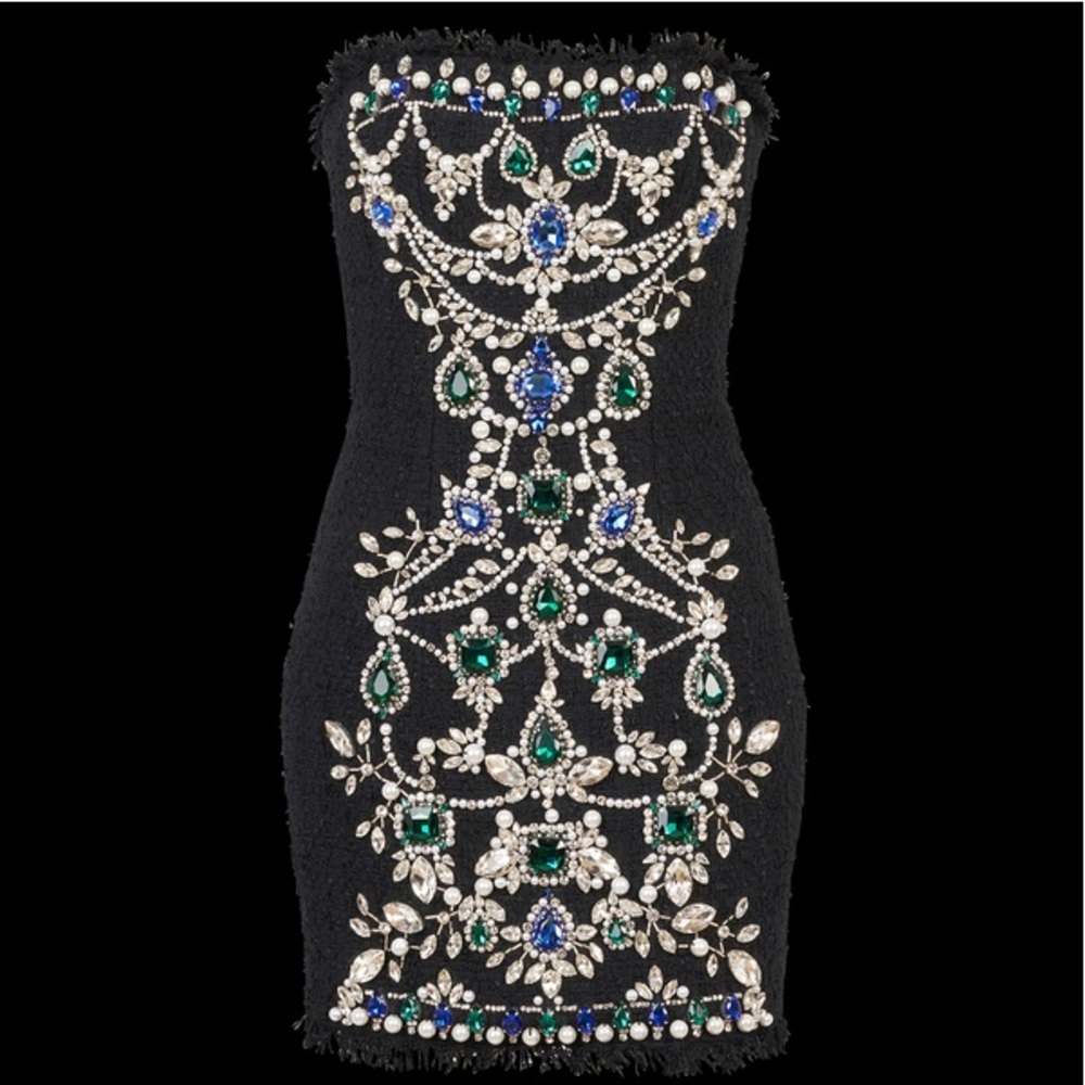 Balmain Short bustier tweed dress with embrodery